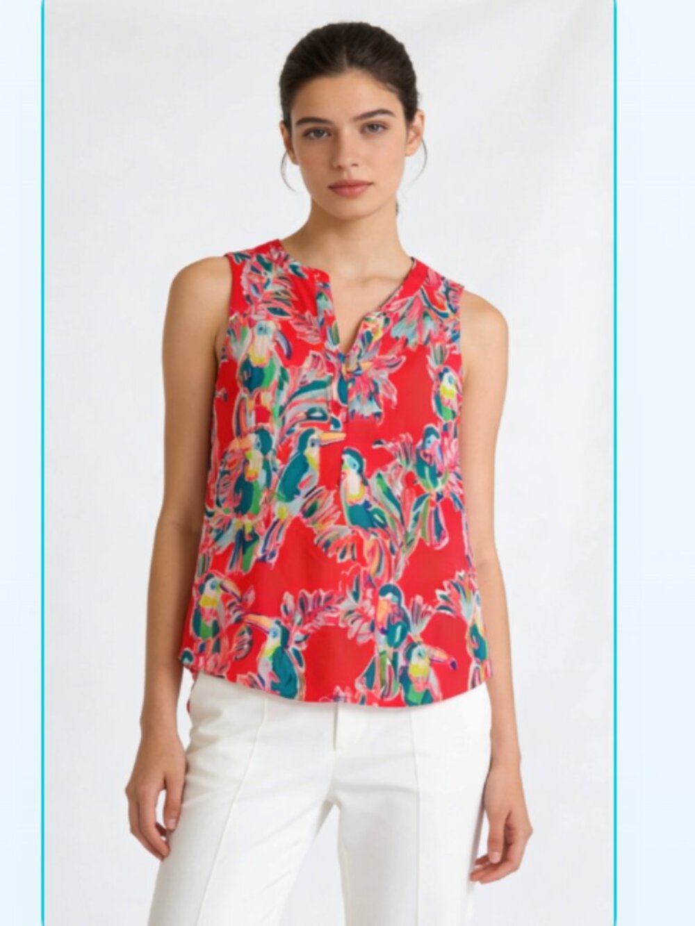 Lilly Pulitzer Sleeveless Blouse Bright Pink Notch Neck Stacey Tank Toucan XXS